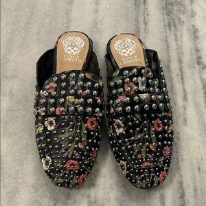 Vince Camuto Sessa Floral Studded Black Leather Loafer Mule Slides sz 8